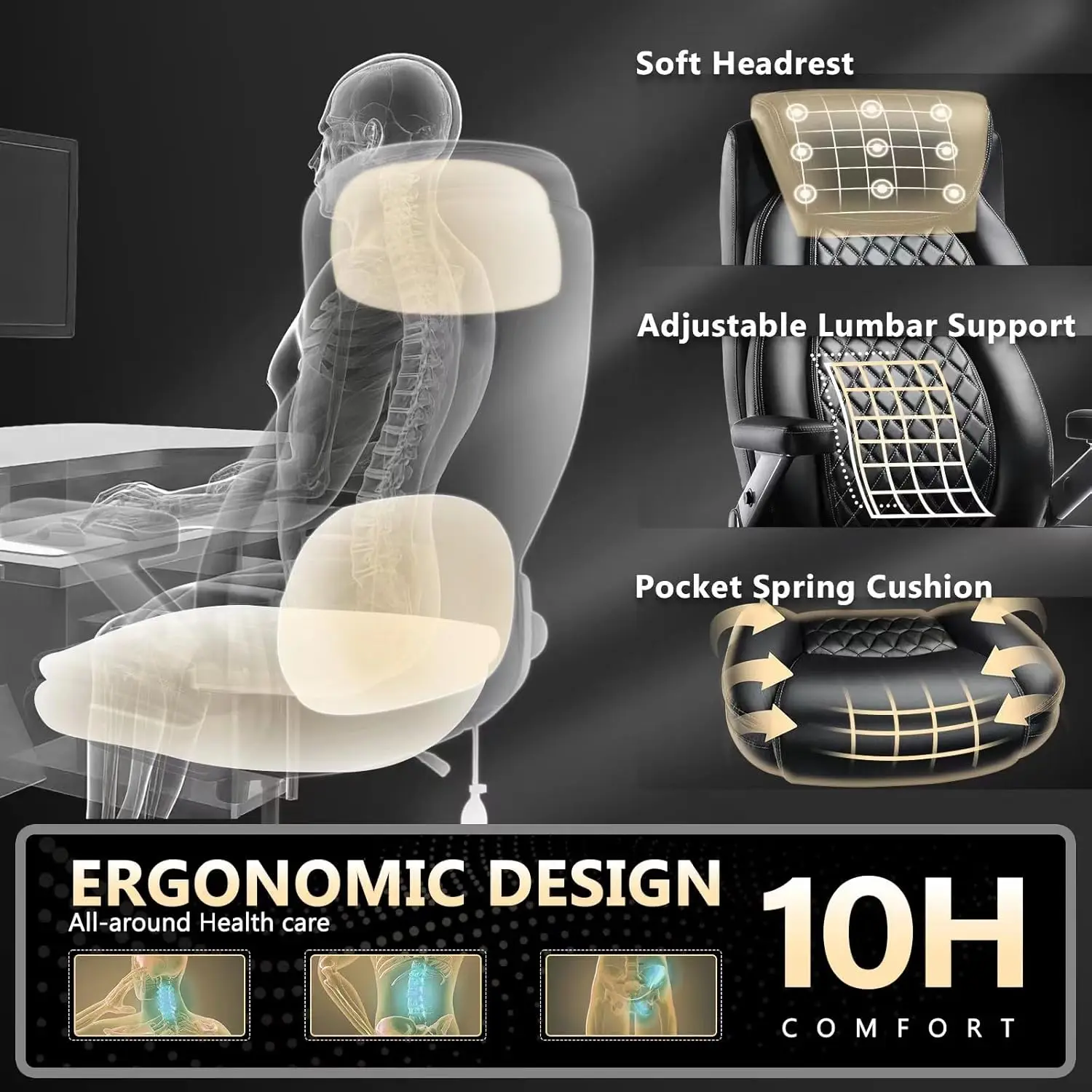 كرسي مكتب كبير عالي التحمل بوزن 600 رطل، وأذرع خماسية الأبعاد، ووسادة زنبركية للجيب، ودعم قطني عالي الظهر، وعجلات مطاطية مزدوجة #5