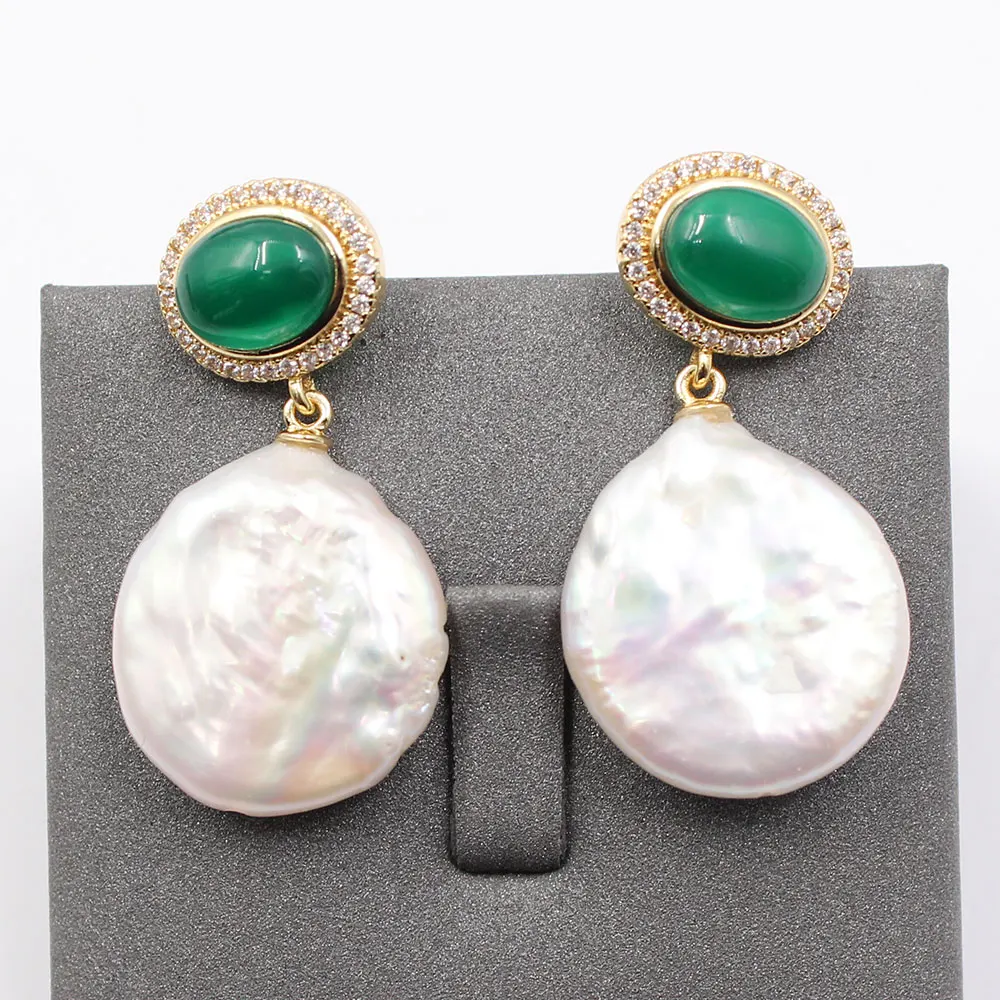 

Natural White Keshi Pearl Coin Pearl Green Agate Cz Dangle Earrings