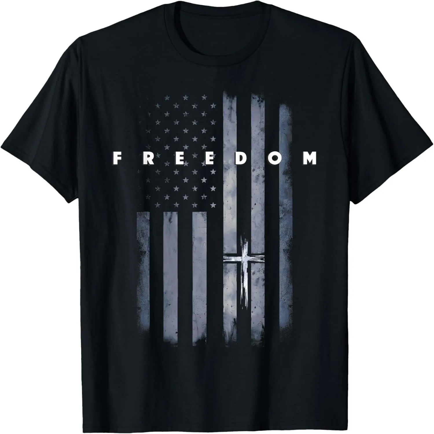 Grunge American Flag and Cross Faith Family Freedom T-Shirt 100% cotton short sleeve tee