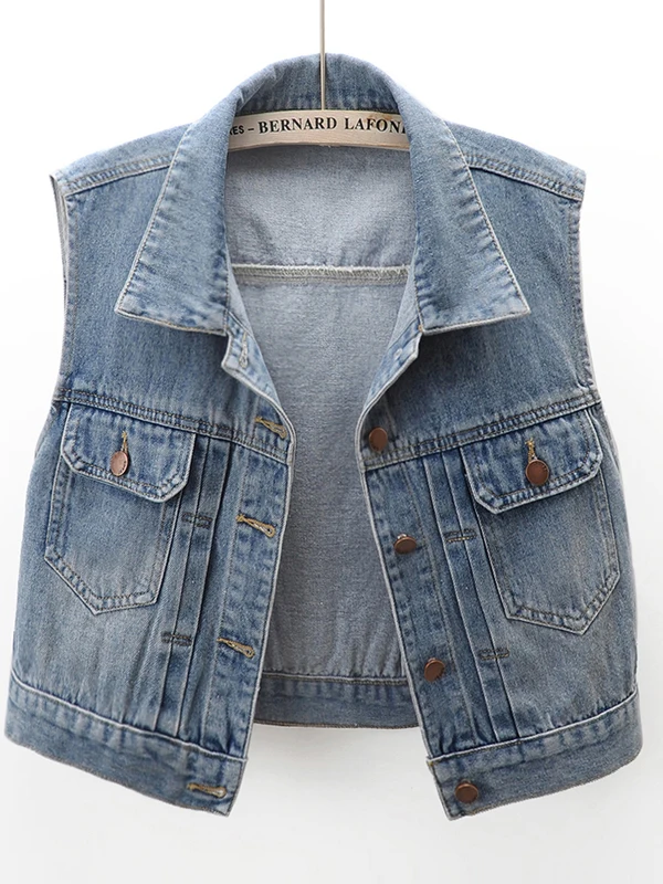 

Retro American Waed Denim Vest Women's ort Svel Jaet Outerwear Faionable Spring Autumn Collar Regular Fit