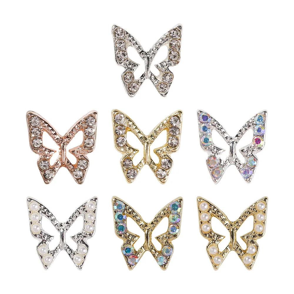 10pcs/bag Metal Butterfly Shape Nail Charms Gold Silver Shiny Diamond Rhinestone Nail Enhancement Jewelry Manicure Art Design