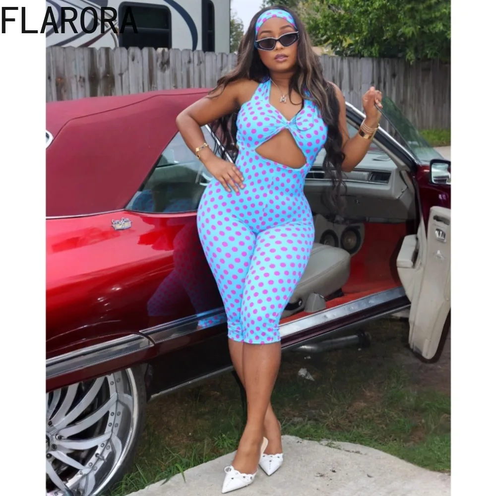 

FLARORA Trend Polka Dot Print Rompers Woman Sexy Hollow Halter Low-Neck Backless Skinny Peach Playsuits Hottie Street Overalls