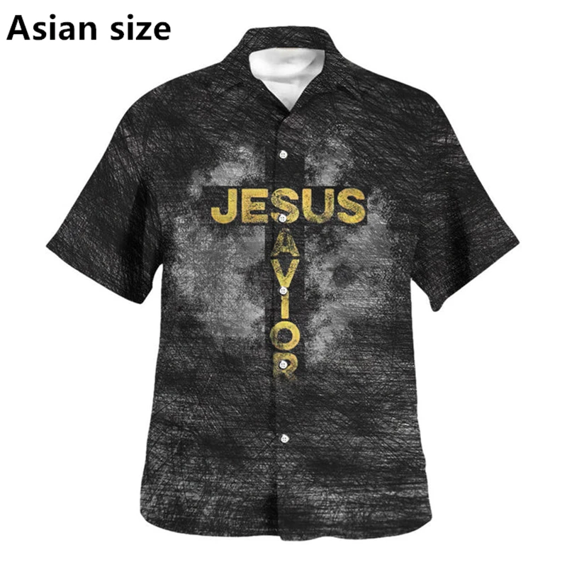 

Hawaiian Shirts Mens Vintage Jesus Graphic Fashion 3D Printed Christianity Shirts Tops Summer Short Sleeves Button Blouse Shirt