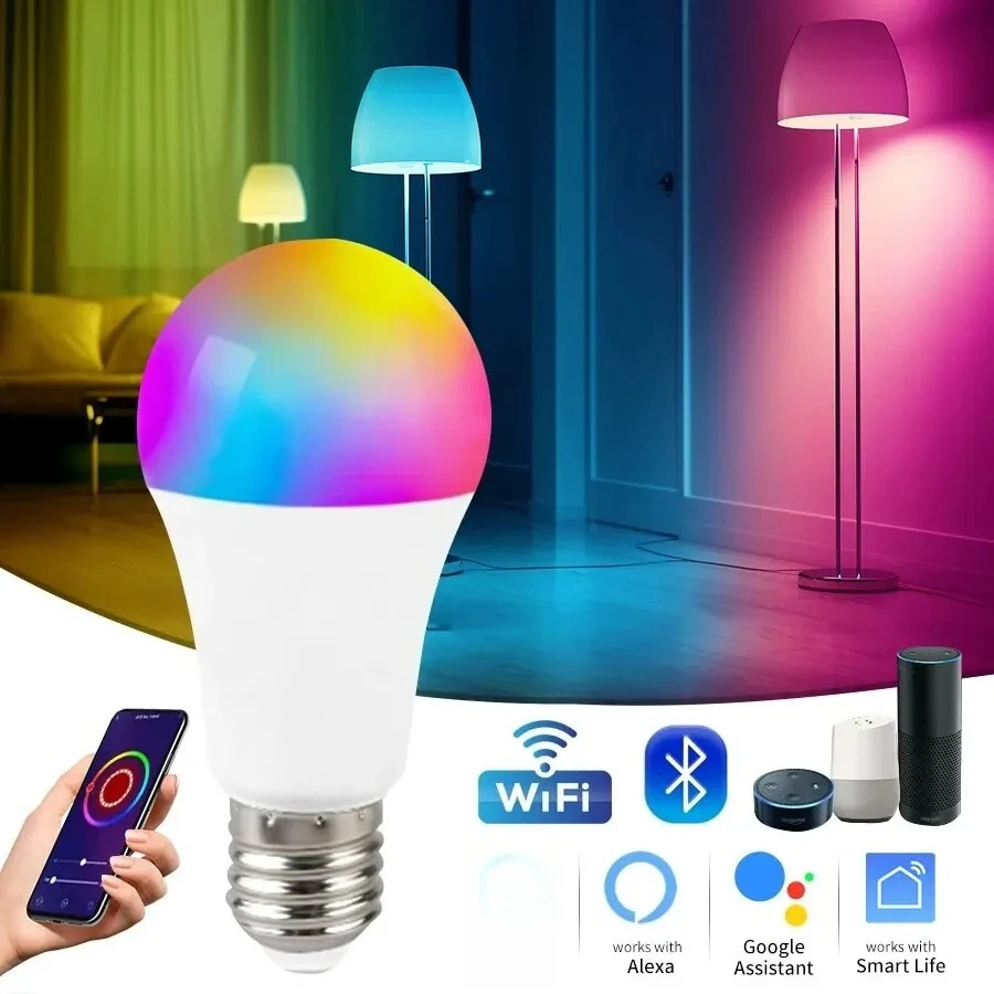 Bluetooth WiFi Smart Light Bulbs E27 LED Lamp RGB Smart Bulb 15W Smart Life APP Voice Control With Alexa Alice Google Home