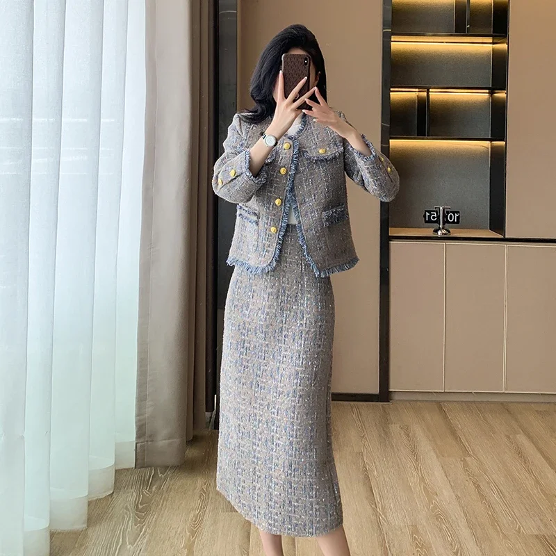 2025 ใหม่ชุดกระโปรงเสื้อผ้าผู้หญิง Tweed ภาษาฝรั่งเศสคํา Socialite Elegant Woolen สั้นเสื้อ + กระโปรง 2 ชิ้นชุดหญิง office lady