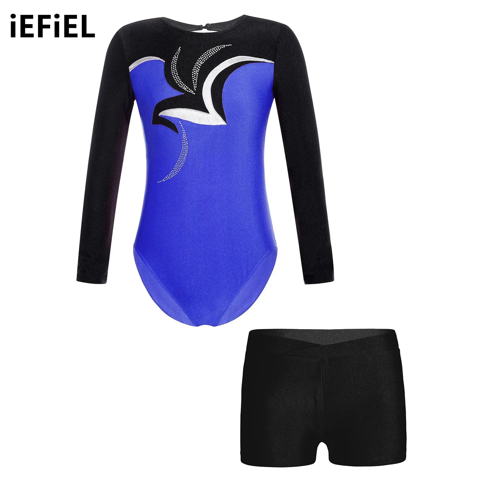 

Kids Girls Gymnastics Dance Set Figure Skating Shiny Color Block Keyhole Back Long Sleeve Bodysuit with Waistband Shorts