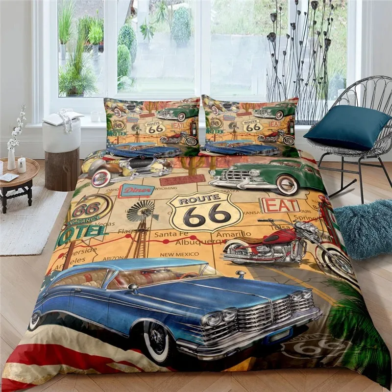 American Route 66 Bedding Set Duvet Cover 12 Pillowcase Comforter Polyester Quilt Cover 23pcs King Queen Duvet Cover Set