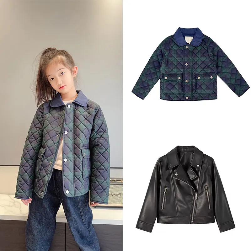 Girl's Warm Cotton Jacket Autumn Green Checkered Collar Fashionable Pure Cotton Cute Cozy Children's Outerwear