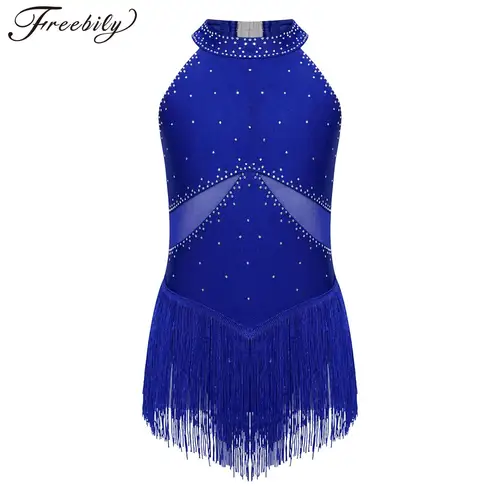 Vestido de baile de Ballet para niñas, leotardo con diamantes de imitación, vestido de patinaje sobre hielo, vestido de baile latino con flecos y borlas