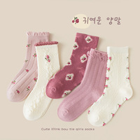 2024 Autumn Winter Children's Socks Girls Vintage Floral Medium Cotton Socks 1-12Y Baby Warm Socks