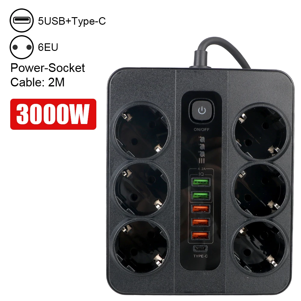 

Удлинительная розетка для офиса и дома, USB Type C, 3000 Вт, вилка европейского стандарта с предохранительным выключателем, удлинитель, защита от перегрузки, кабель 2 м