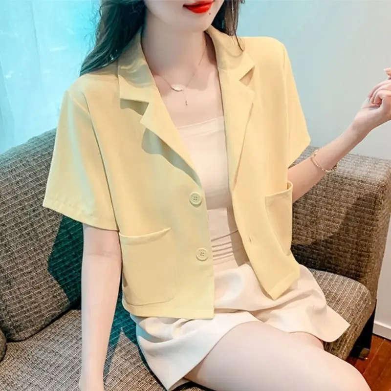 Women Summer Trendy Short Sleeve Chic Commute Single Breasted Blazers Female Korean Solid Casual Streetwear Cropped Suit Jacket