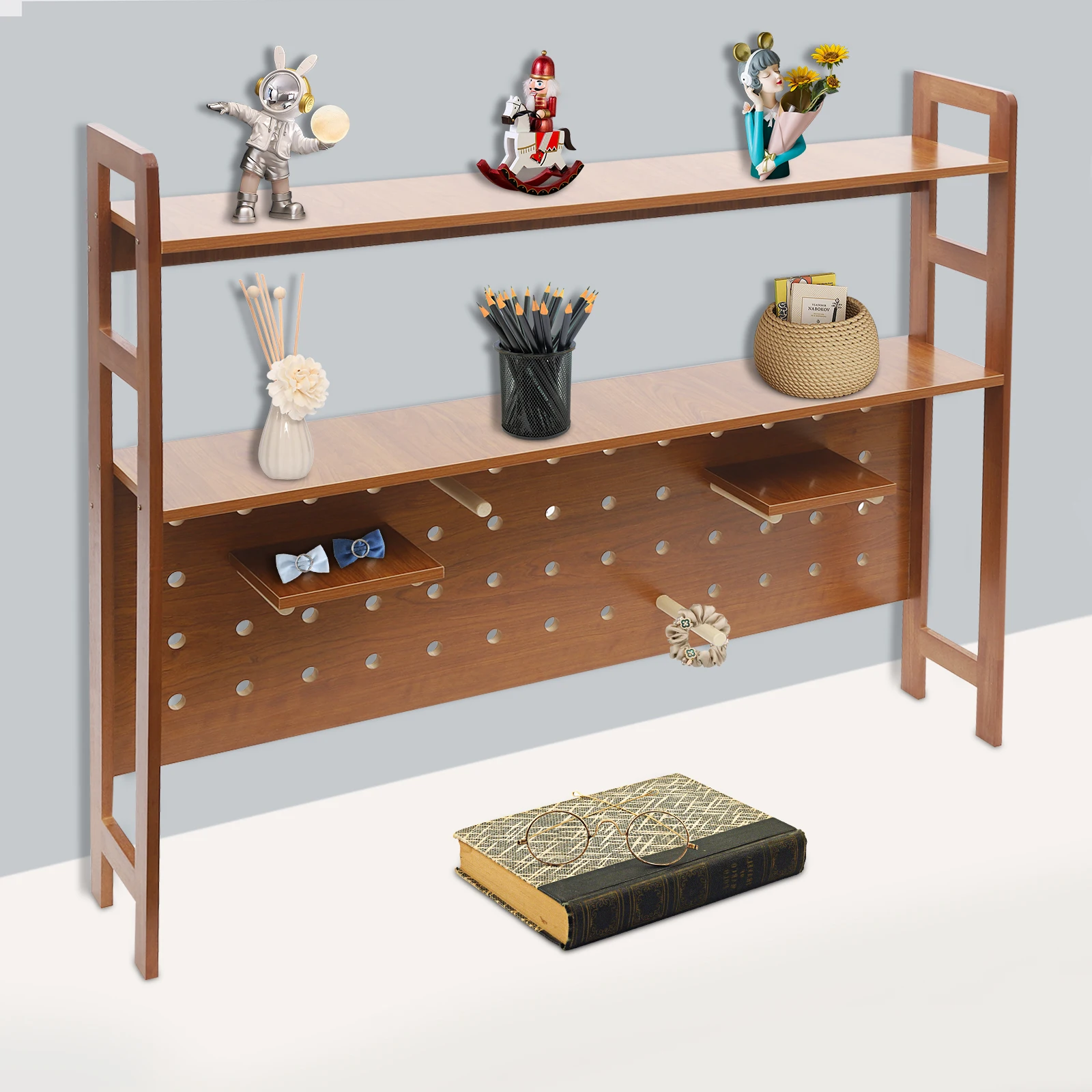 2-Tier Desktop Bookshelf 45.3in, Desk Organizer with Holey Board & 6 Sticks, Wooden Office Shelves for Books Laptops
