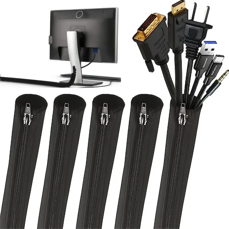 4-1PCS Zipper Cable Sleeve Reusable Cord Organizer Cord Hider Cable Management Protector For Computer TV Wire Cord Organizers