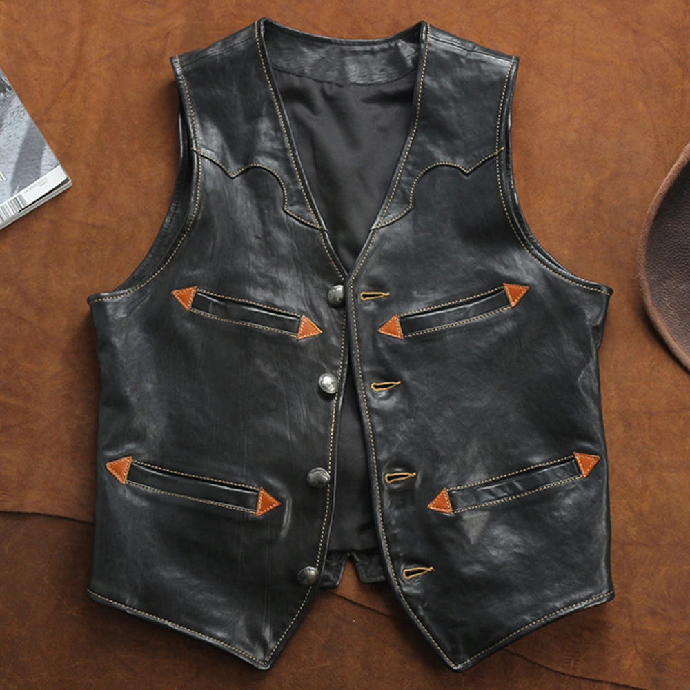 2024 Fashion Mans Sheepskin Biker Vest Coat Summer Spring Genuine Leather Waistcoat Motorcycle Top Tank Weskit European Topwear