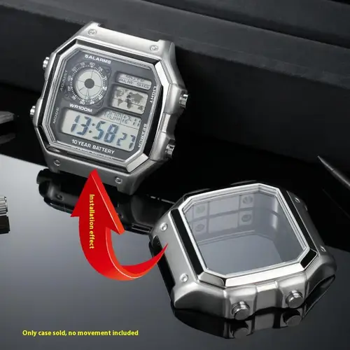 Imagen 2 del producto Para Casio 3299 AE-1200WH caja de reloj modificada AE1200 caja de reloj de acero inoxidable carcasa de Metal con anillo impermeable negro plata