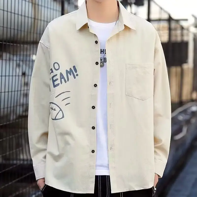 

New Men's irt Spring Loose Casual Design Top Trendy Versatile Outdoor Jaet Stand Fit Long Sve Pure Color Collarl