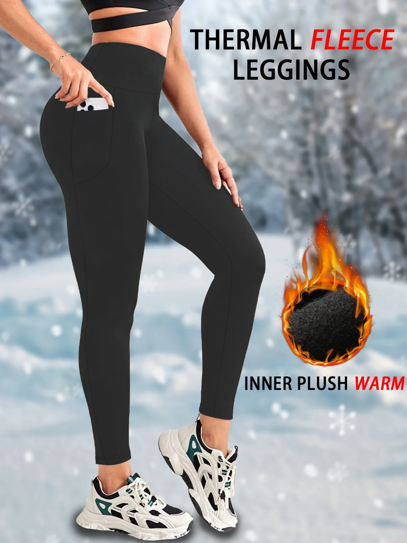 

Womens Thermal Fleece Lined High Waisted with pockets Leggings, Workout Winter Warm Thick Tights Soft Yoga Running Pants