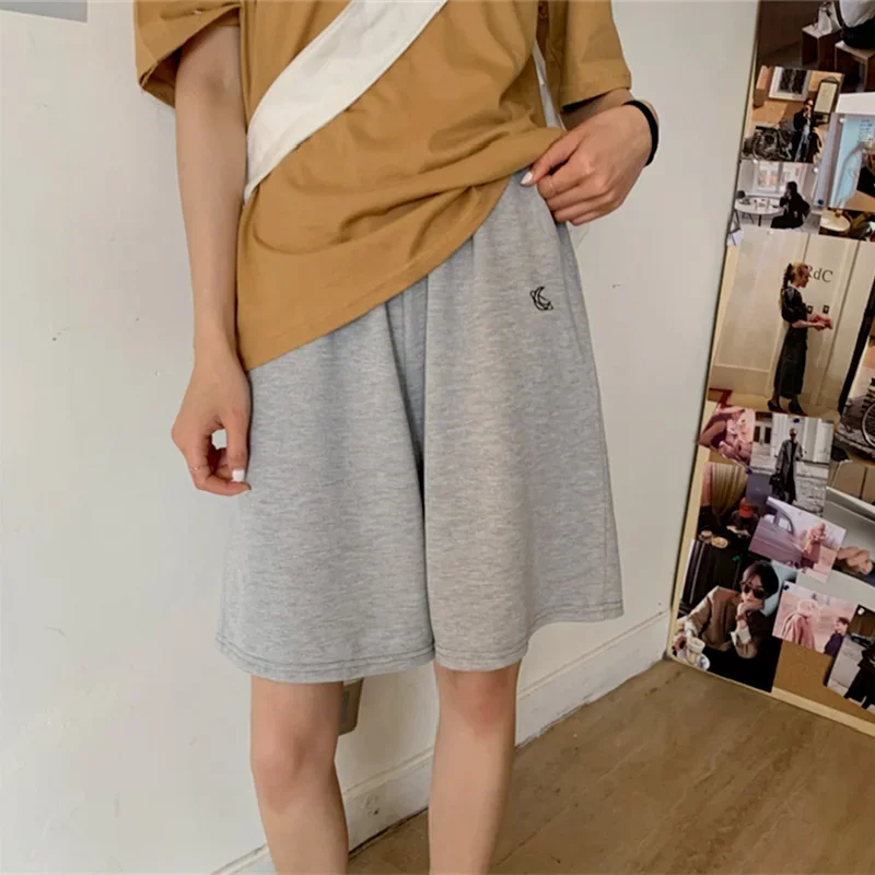 Shorts Women Summer Loose 3XL Solid Embroidery BF Wide-leg Knee-length Harajuku Casual Simple Ins Trendy All-match Students Chic