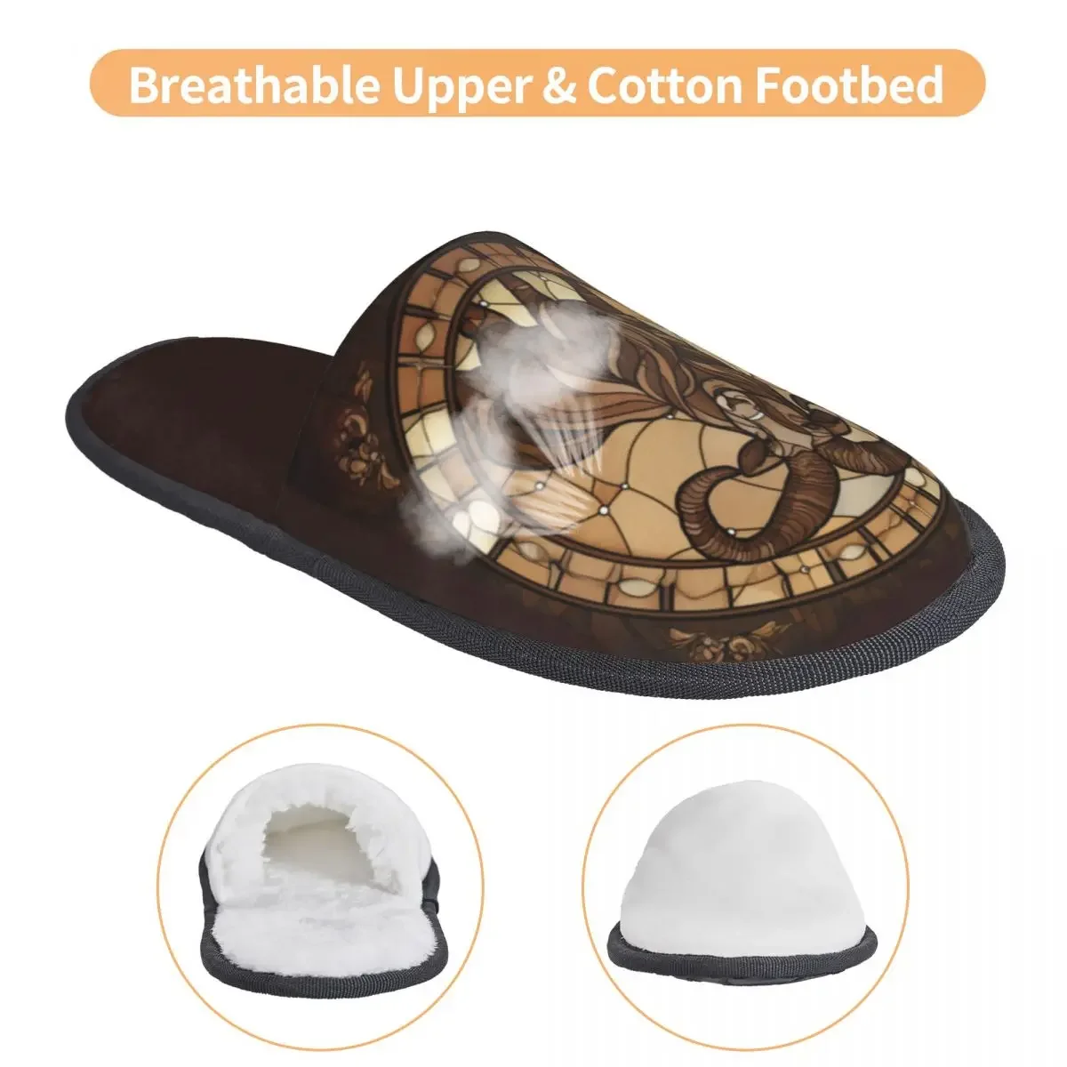 Soft Plush Cotton Stained Glass Style With Ram Slippers Shoes Non-Slip Floor Indoor Furry  For Bedroom