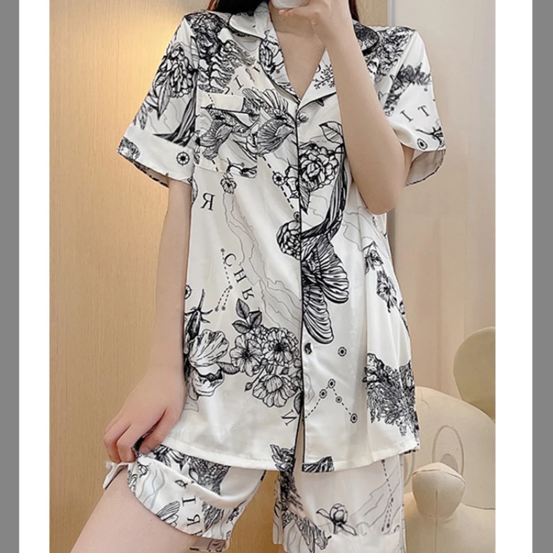 Pajama Pants Set Women's Clothing Homewear Summer Thin Cardigan Elegant Comfortable Breathable Simple Stylish Loose Large Size