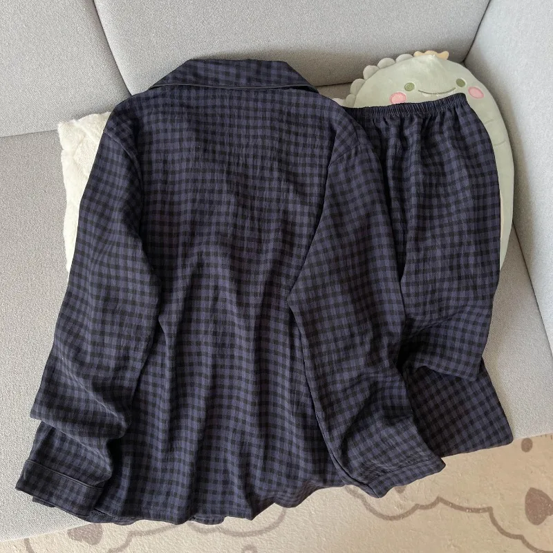 Embroidery Dog Vintage Plaid 2 Piece Suit Pyjama Femme Korean Style Casual Soft Fashion Women's Sleepwear Autumn and Winter