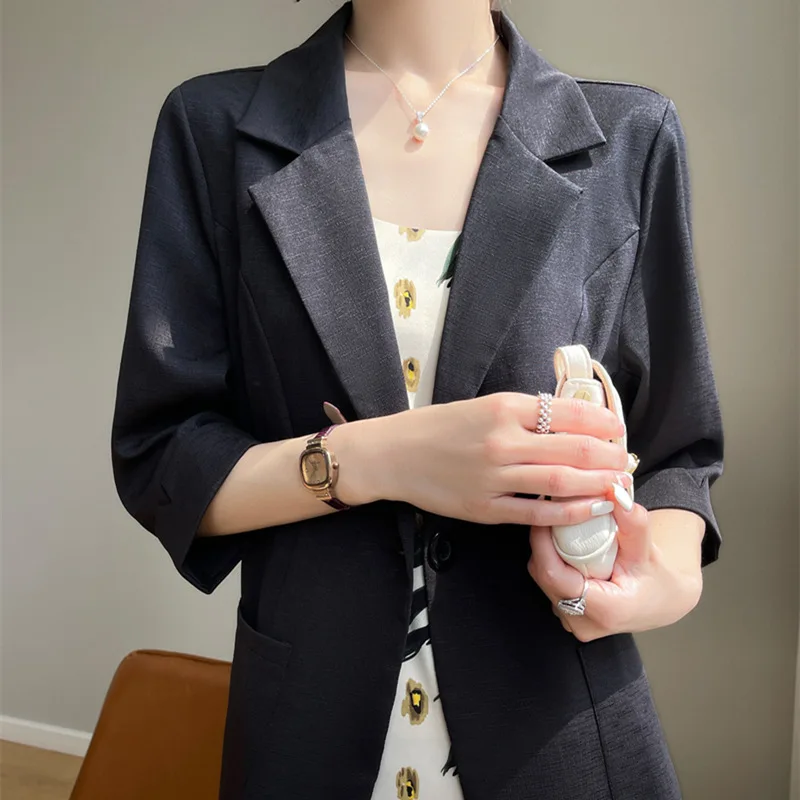 2023 Summer New Cotton Linen Embroidery Thin Suit Collar Regular Sleeve Women's Coat Loose Fit Casual Versatile Thin Suit