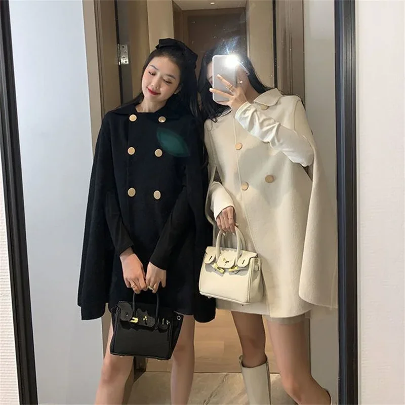 Fashion Woolen Poncho Coats for Women Autumn Winter Solid Cape Cloak Coat Loose Overcoat Female Double Breasted Lapel Jackets