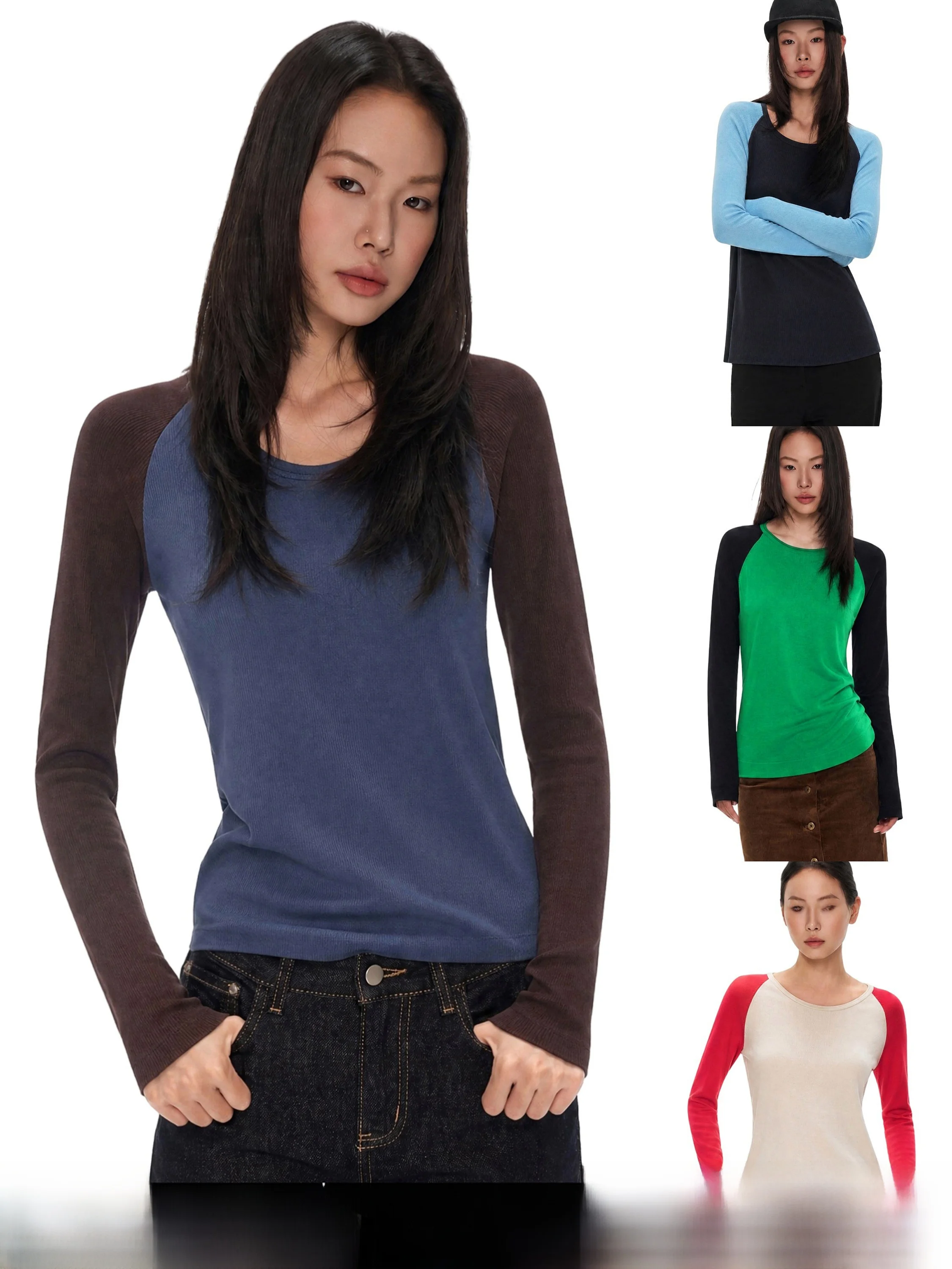 GoGo Burn American Color Block Long Sleeve round Neck Knitted T-Shirt Women's Slim Fit Base Layer Inner Wear Top Casual Style