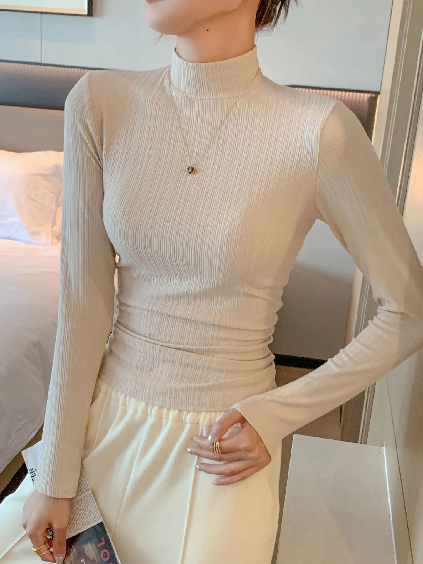 T shirt women 2026 fashion semi-high-neck autumn winter base long-sleeved casual inner top tshirt women's clothing