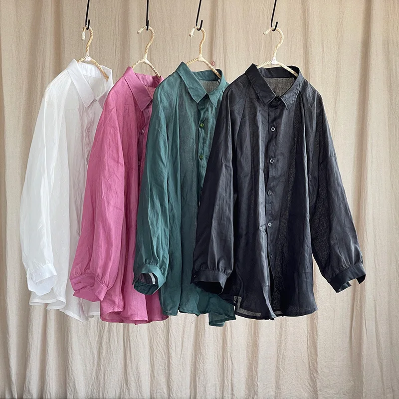 ผู้หญิง Causal Breathable Ramie เสื้อและเสื้อ Turn-Down COLLAR แฟชั่นสีแขนยาวฤดูใบไม้ผลิเสื้อใหม่ปุ่มเสื้อหลวม