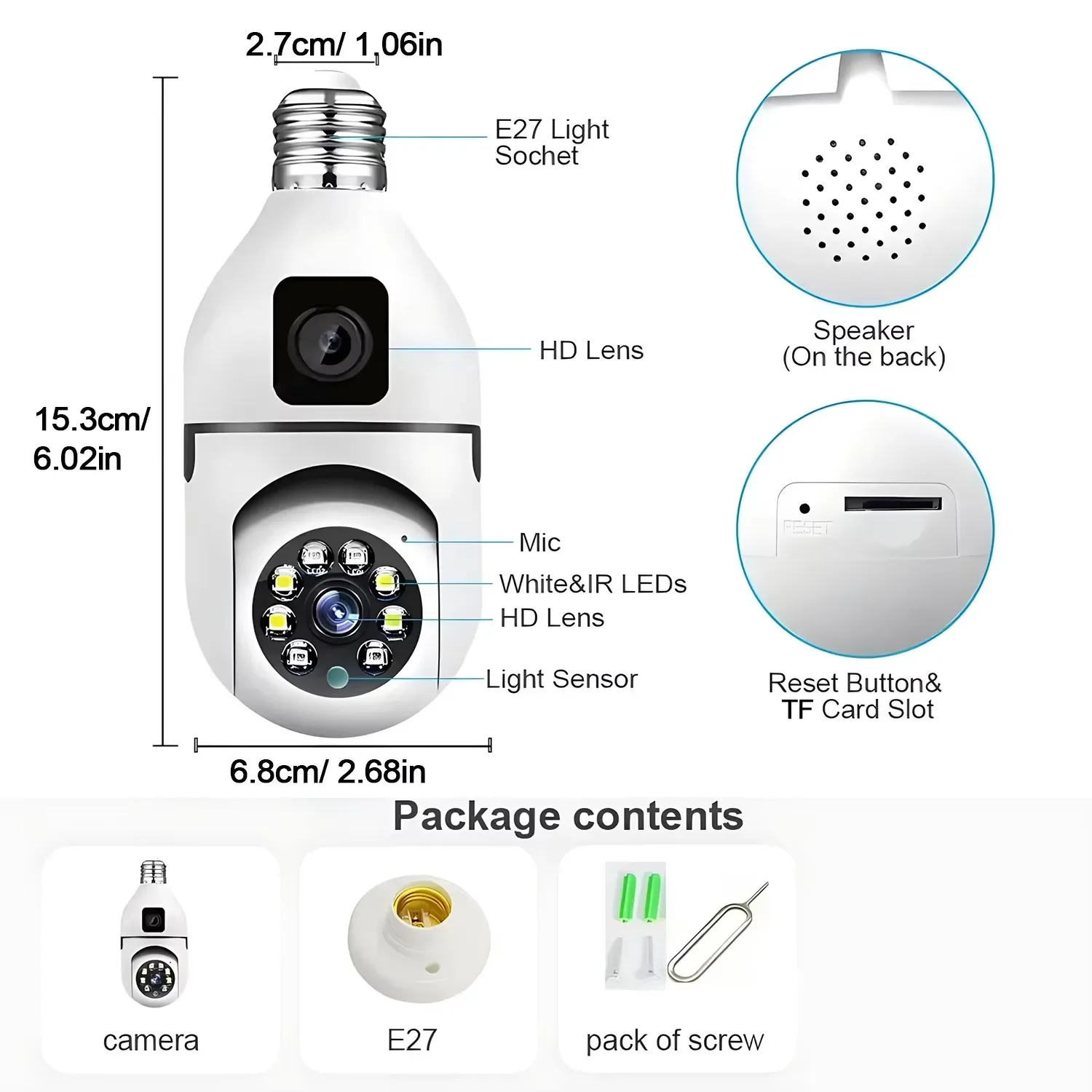 4MP WiFiカメラ 360 °   アクション E27 電球カメラ PTZ セキュリティ保護デュアルレンズビデオ監視カメラ iCSee 自動追跡