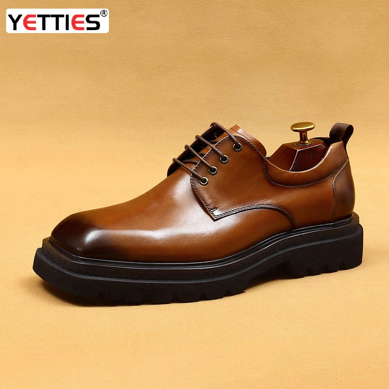 

British Style Big Head Business Leather Shoes for Men Comfortable Casual Lace-Up Shoes Male Chunky Bottom Shallow Oxfords