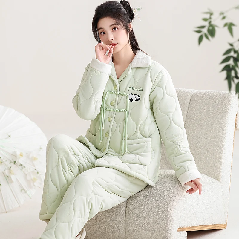 Newest Winter Women Three Layer Clip Cotton Pijama Female Thick Turn-down Collar Sleepwear