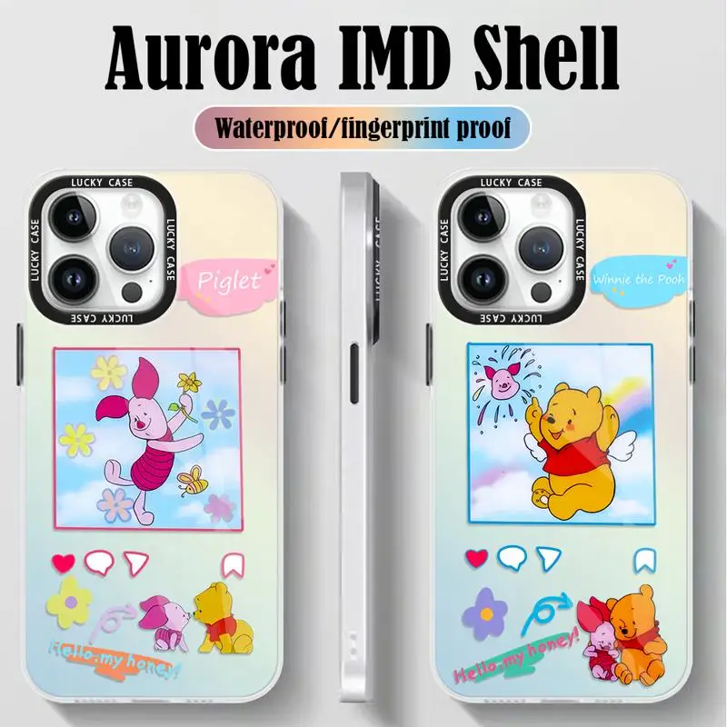 Gradient Matte Case for iPhone 15 14 13 12 11 pro Max XS XR X 7 8 Disney Winnie The Pooh Piglet Iridescent Laser Clear Cover