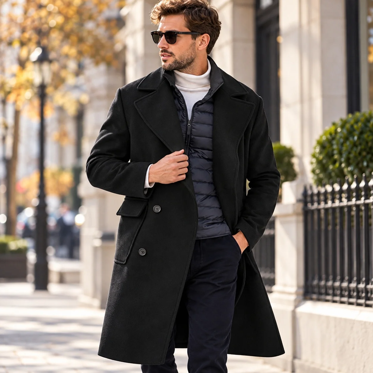 Multiple Pockets Belt No Belt Regular Fit European and American with Daily Wear Double Breasted Notched Lapel Men Jacket