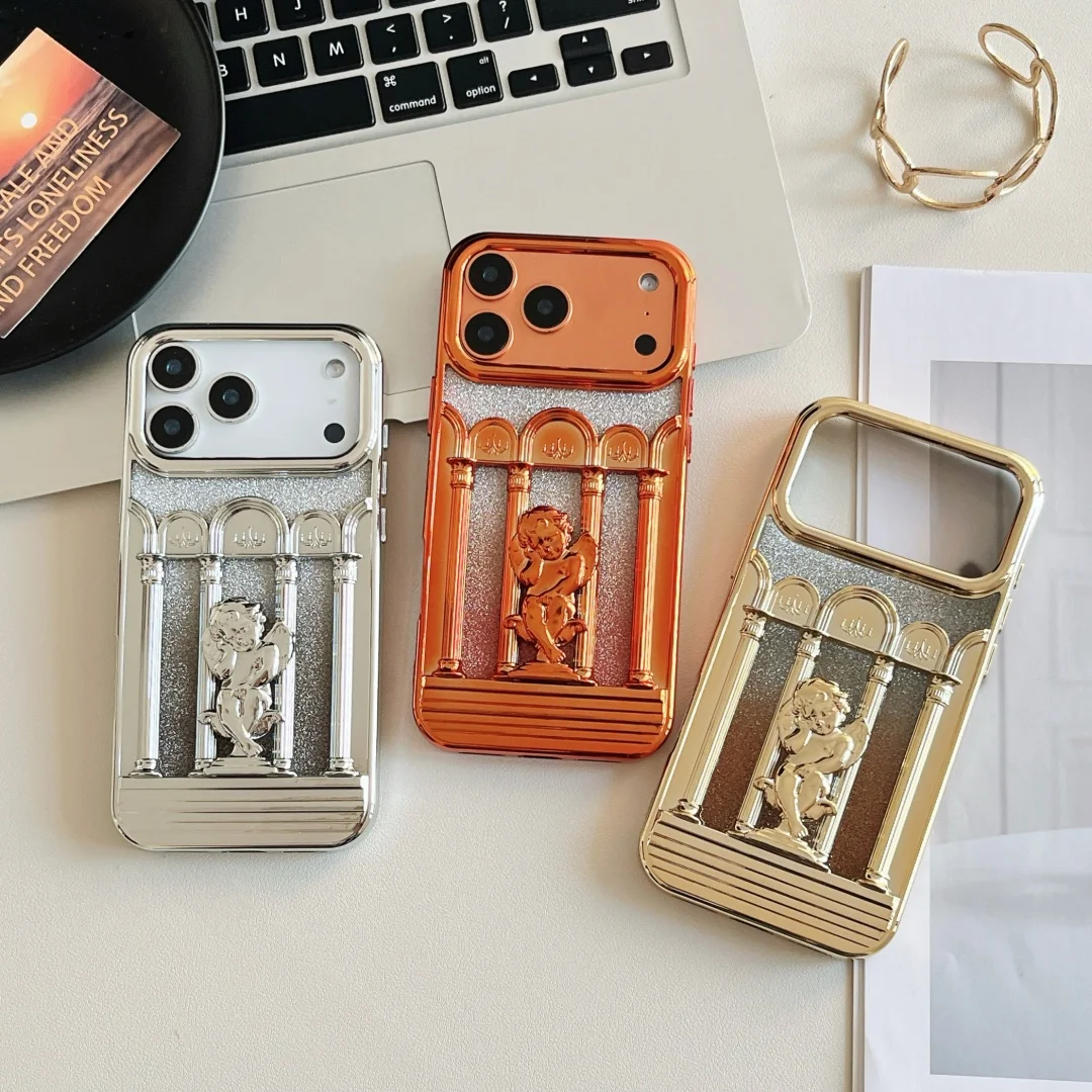 

3D Angel Statue Pattern Hollow Phone Case For iPhone 16 17 Air 15 14 13 12 Pro Max Plus Trendy Plating Protective Cover Funda