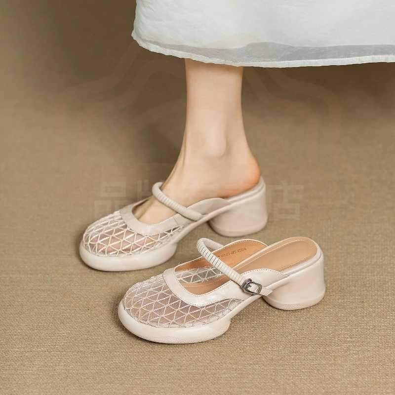 Summer New Womens Shoes Exquisite Air Mesh High Heeled Sandals for Woman Elegant French Casual Shoe Designer Shoes Zapatos Mujer