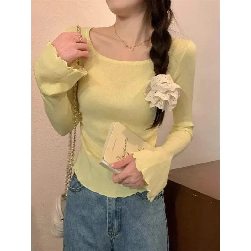 Women's Square Neck Ribbed Knit Top With Flare Ruffle Tees Sleeves T-shirts