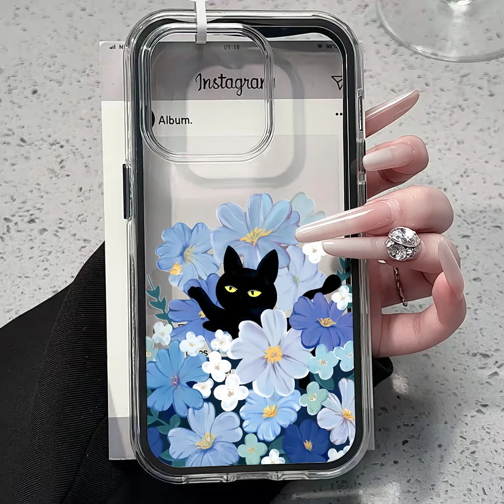 Blaue Blume Schwarze Katze Transparente Handyhülle für iPhone 17 13 16 15 11 12 14 Pro Max 17 Air XR X Hülle Silikon Weiche Stoßfeste Abdeckung – Detail 2