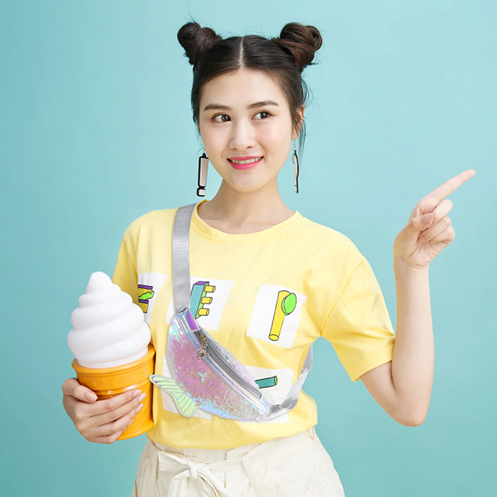 Riñonera de cola de pez con lentejuelas blancas, bandolera ligera de PU, bolso de pecho multifuncional, riñonera deportiva informal