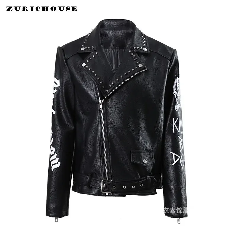 Punk Studded Black Leather Jacket for Women and Men 2024 New Streetwear Contrast Fun Print Faux Leather Motorcycle Jacket