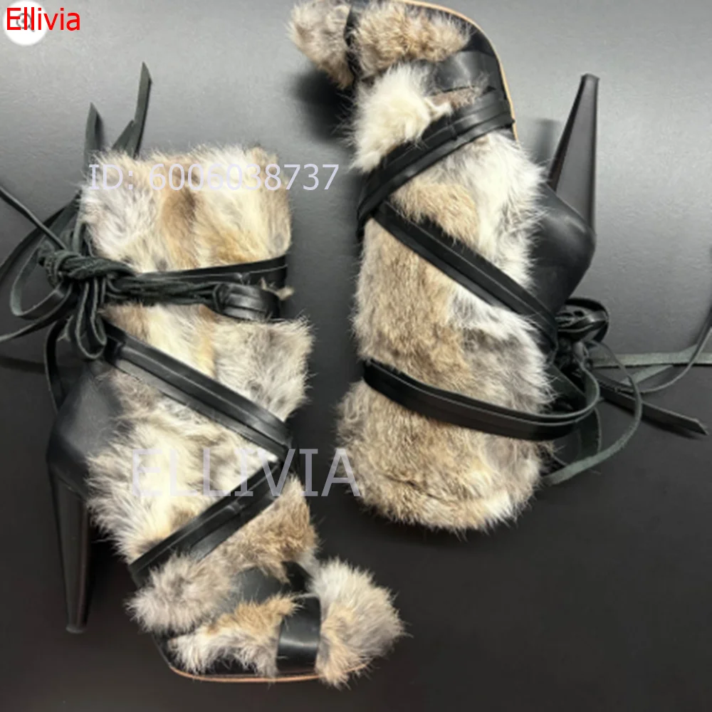 Women  Fur Ankle Boots Lace Up Wrap Strap Stiletto Heel Pointed Toe Winter Fashion Ladies Dress Party Short Boots