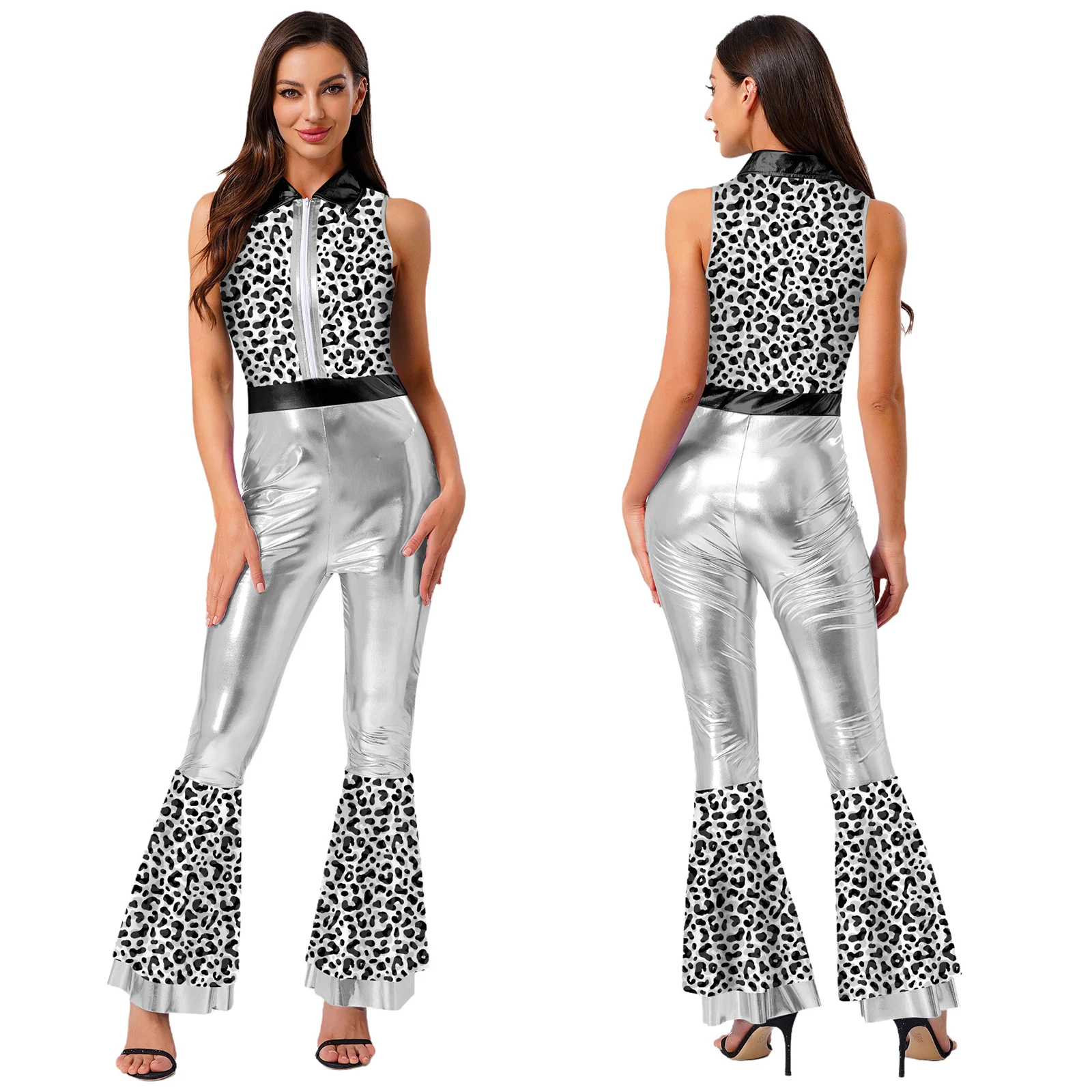Groovy 70s Disco Jumpsuit for Women Metallic Bell Bottom Romper with Tiered Flare Pants Retro Club Rock Jazz Dance Party Outfit