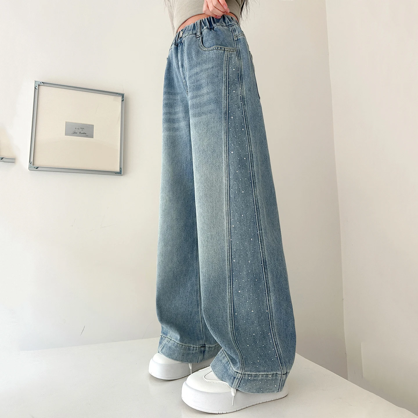 Teenage Girls Pants Fashion Spliced Design Floor Jeans Trousers Kids Wide-leg Denim Pants for 5 7 9 11 13 Years Children Bottoms