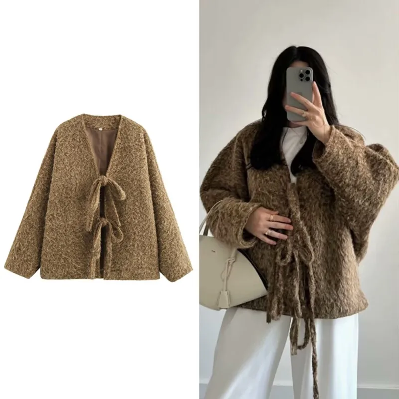 

Mao Mao Кардиган Куртка Женская Мода Ретро V-образным Вырезом Галстук-Бабочка Дизайн Длинный Рукав Однотонная Куртка Пальто Осень Зима 2025 Новинка