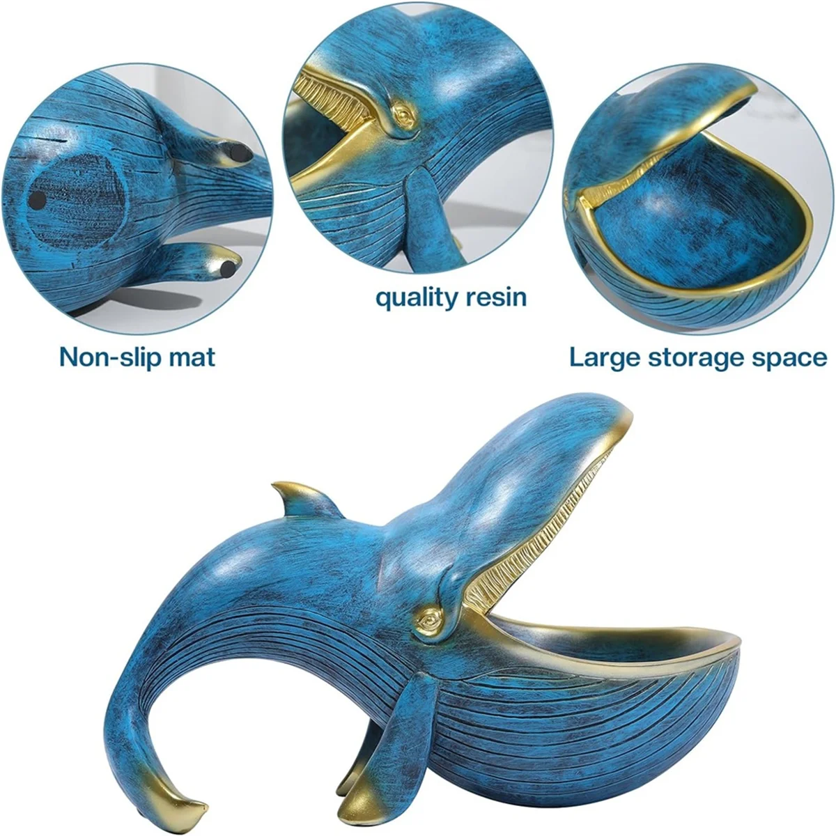 MCGS-Whale Statue, Resin Whale Figurine Fun Candy Dish Key Bowl for Entryway Table, Big Mouth Sculpture Table Bronze