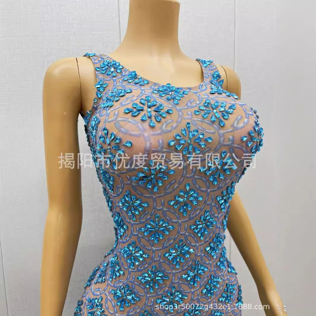 أنيقة المحيط الأزرق الماس تألق حجر الراين فستان شبكي كوكتيل حفلة ليلة مرحلة الأداء طويل التناسخ من أي وقت مضى جميلة