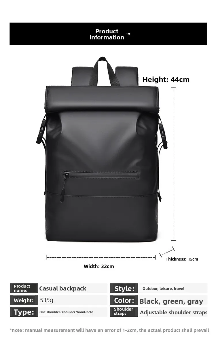 New Men's Large-capacity Travel Backpack with A Fashionable Folding and Rollable Mouth for Outdoor Leisure and Water Repellent