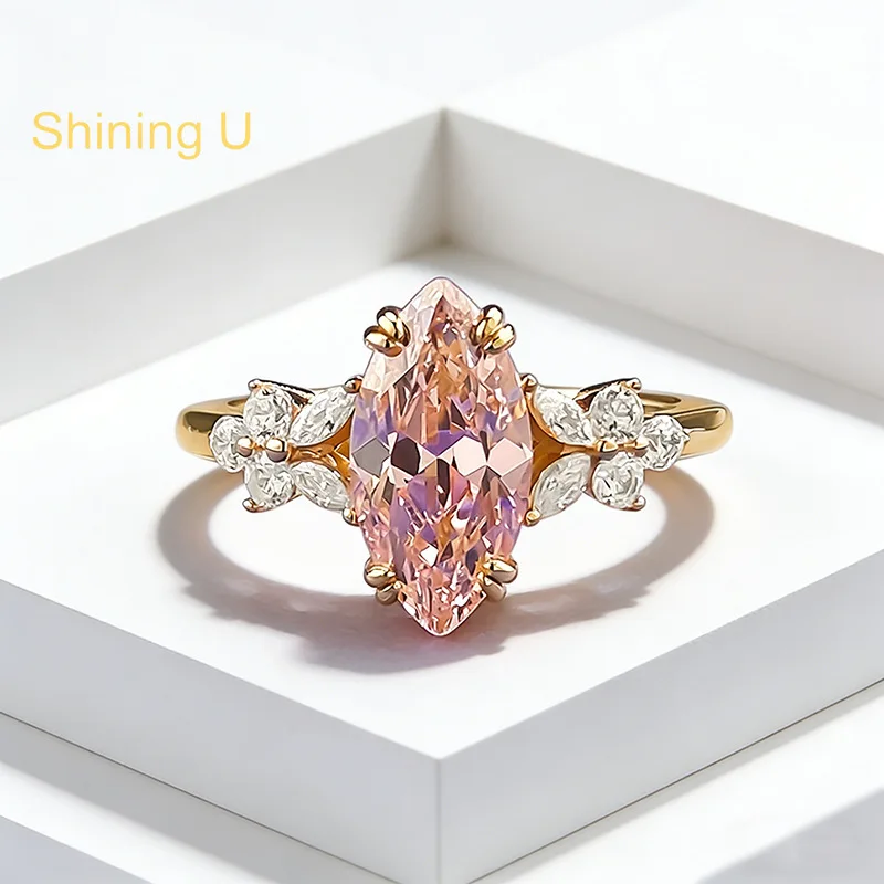 

Кольцо Shining U из стерлингового серебра 925 пробы с розовым камнем маркизной огранки 6*12 мм для женщин, изысканные ювелирные изделия, на годовщину, весна